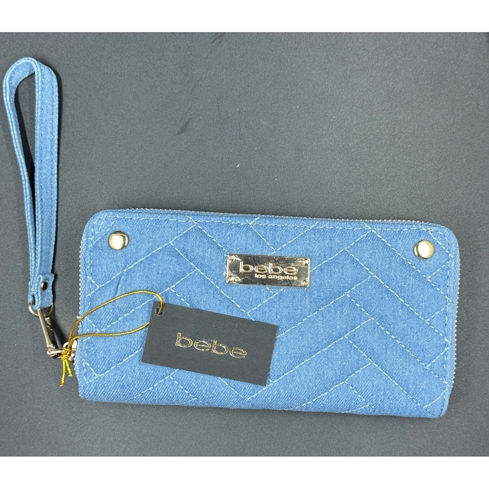 NWT Bebe Sophia Light Denim Zip Around Wallet Wristlet Blue Gold